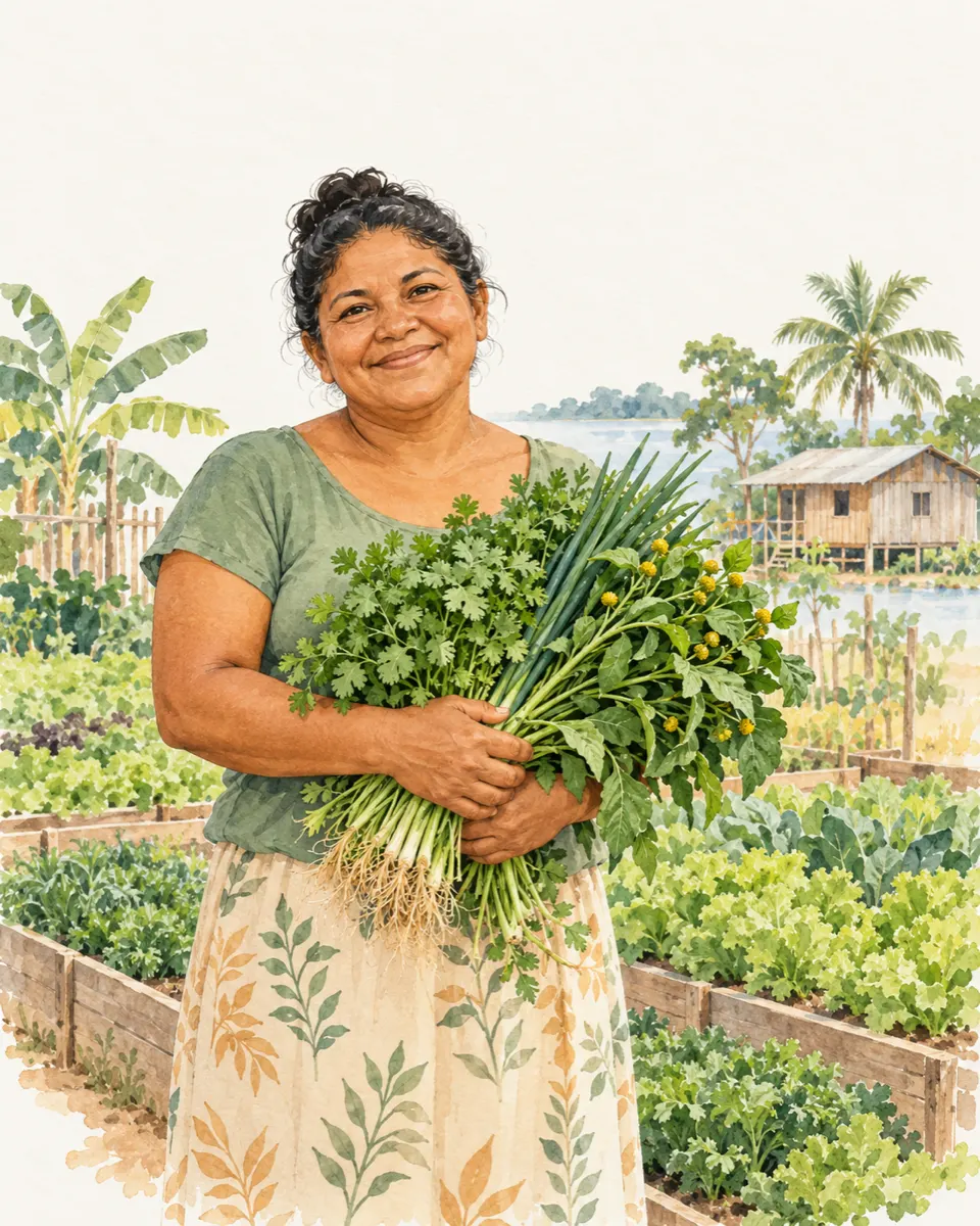 Ilustração de uma agricultora familiar segurando jambu e cheiro-verde na horta