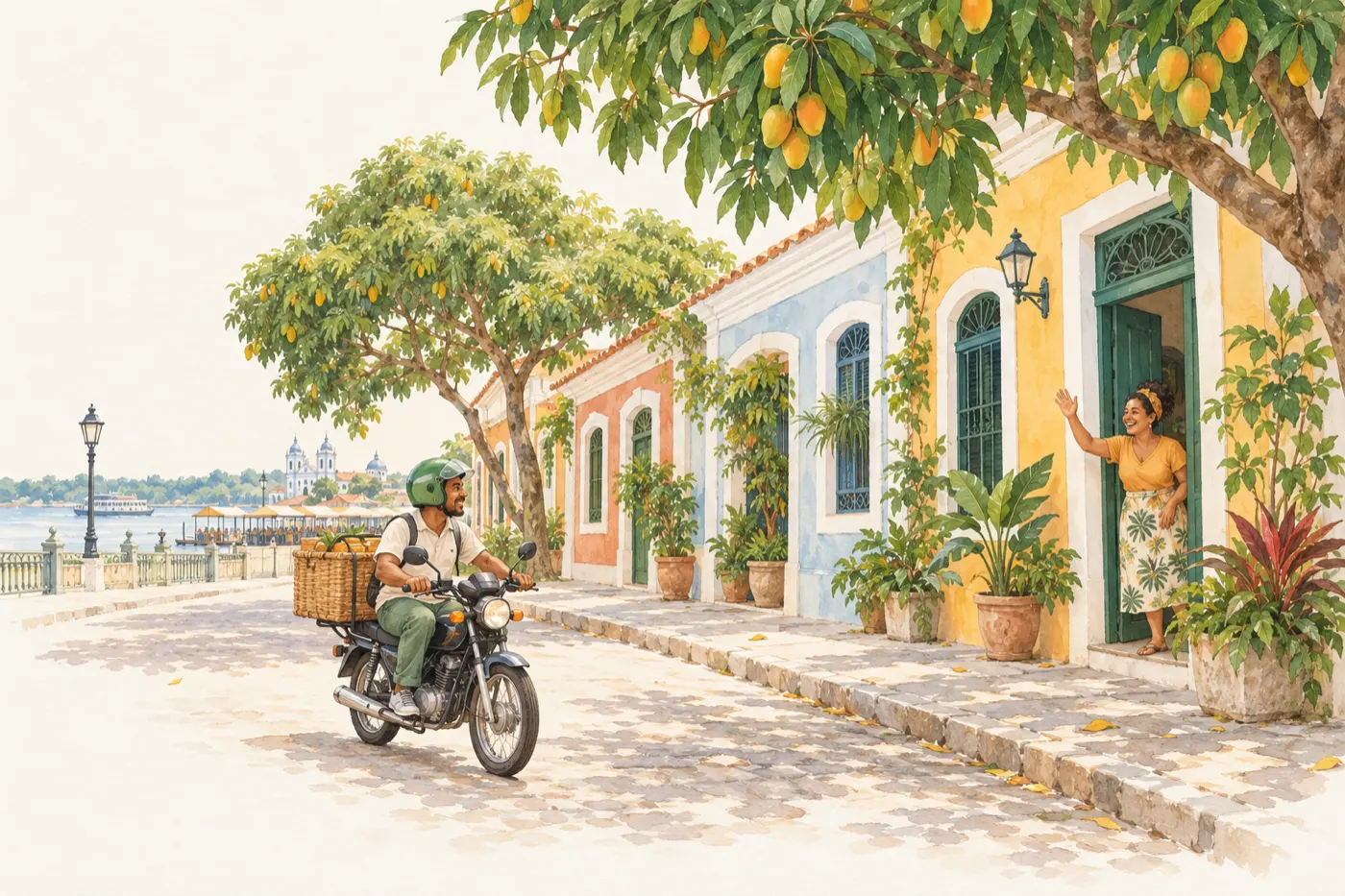 Ilustração de um entregador de moto com uma caixa trançada, numa rua de Belém sob mangueiras